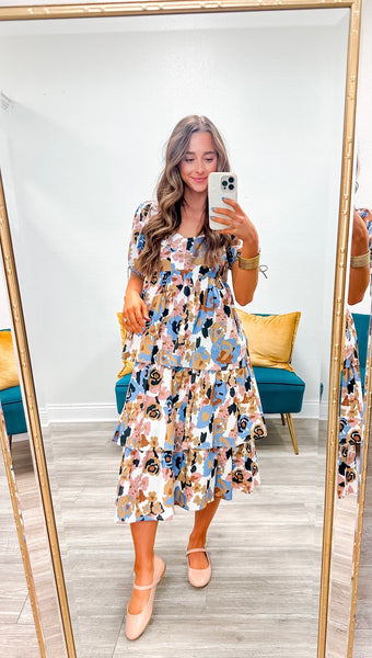 Printed Ruffle Midi Dress w/ Smocked Back