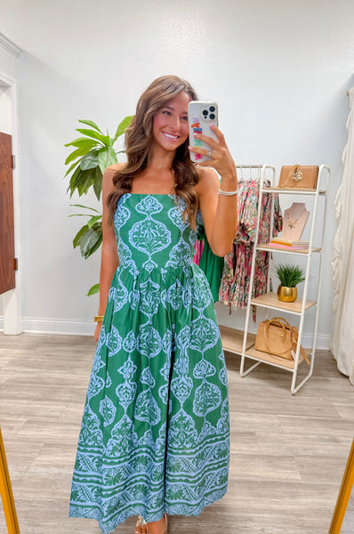Printed Strapless Midi Dress