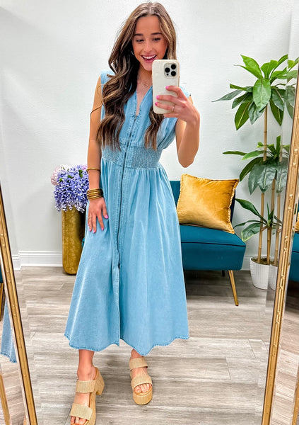 Denim Sleeveless Front Zip Midi Dress