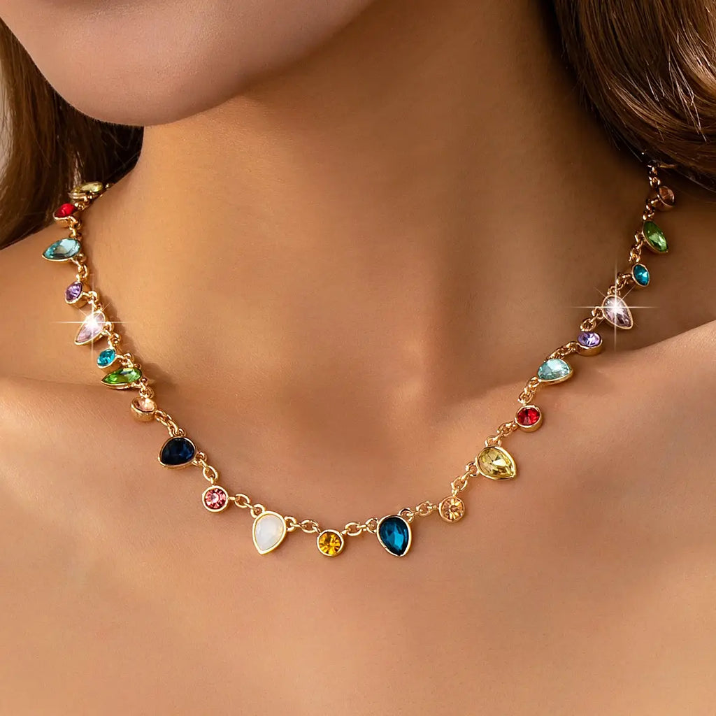 Rainbow Teardrop Gemstone Charm Necklace