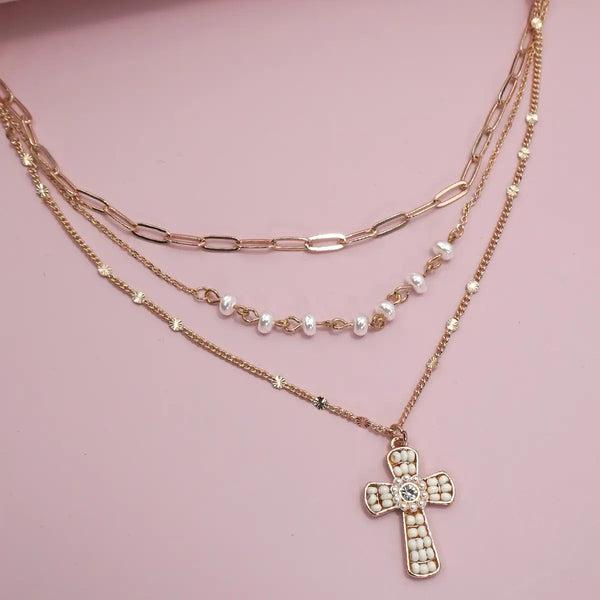 Seed Bead Cross Multi Layer Necklace