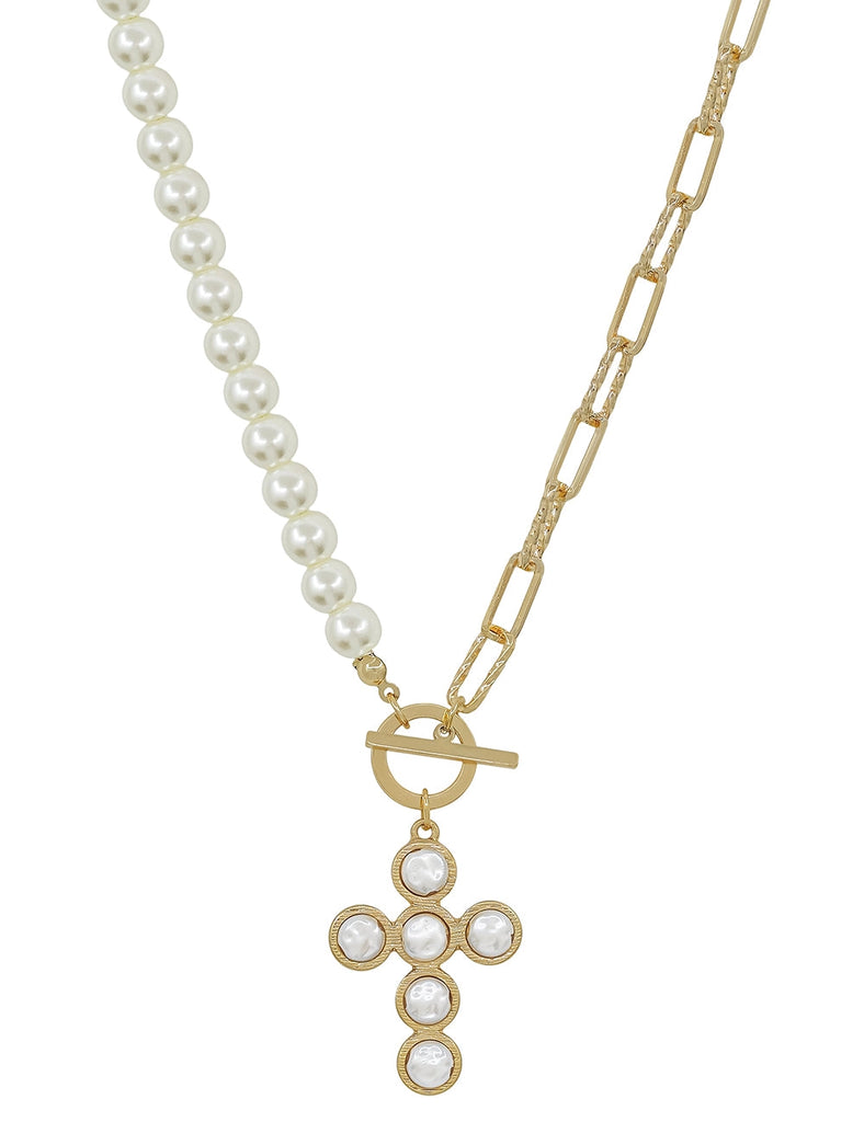 Gold and Pearl Chain with Pearl Cross Necklace