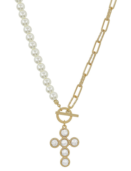 Gold and Pearl Chain with Pearl Cross Necklace