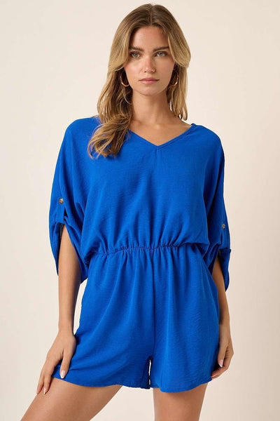 V-Neck Tab Sleeve Elastic Waist Romper