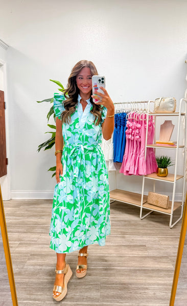 Botanical Print Ruffle Sleeve Midi Dress