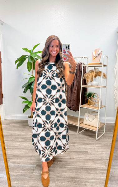 Printed Sleeveless Contrast Midi Dress
