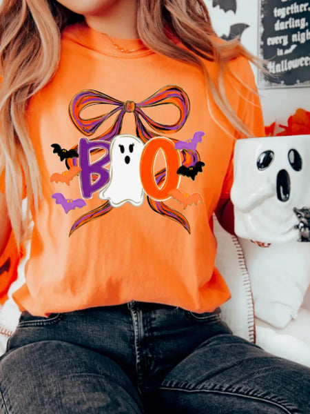 Watercolor Halloween Boo Coquette Bow Tee