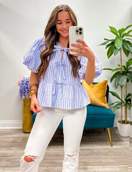 Striped Short Bubble Sleeve Babydoll Top