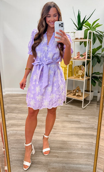 Floral Eyelet Split V-Neck Pullover Mini Dress