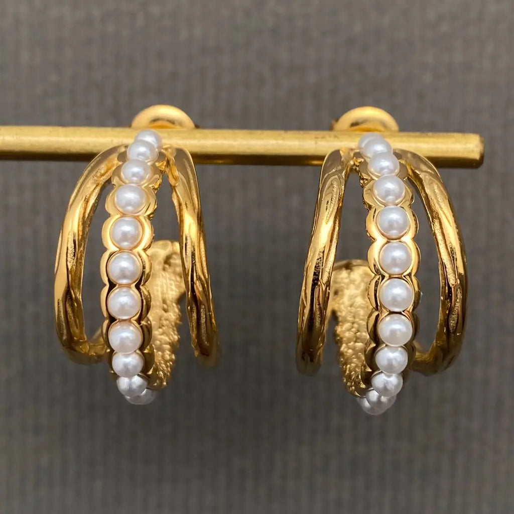 Pearl Inlaid 18K Gold Plated Stud Earrings