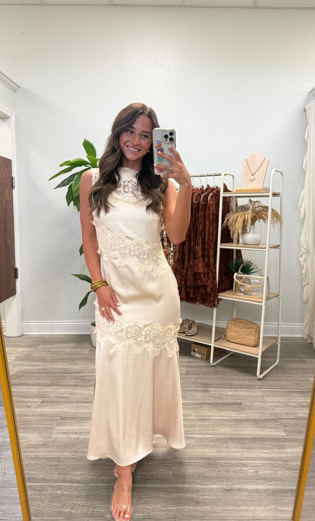 Satin Lace Panel Detail Midi Dress