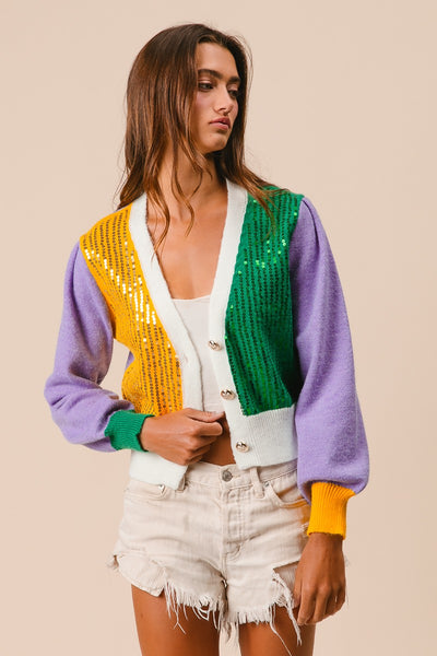 Color Block Sequin Sweater Cardigan