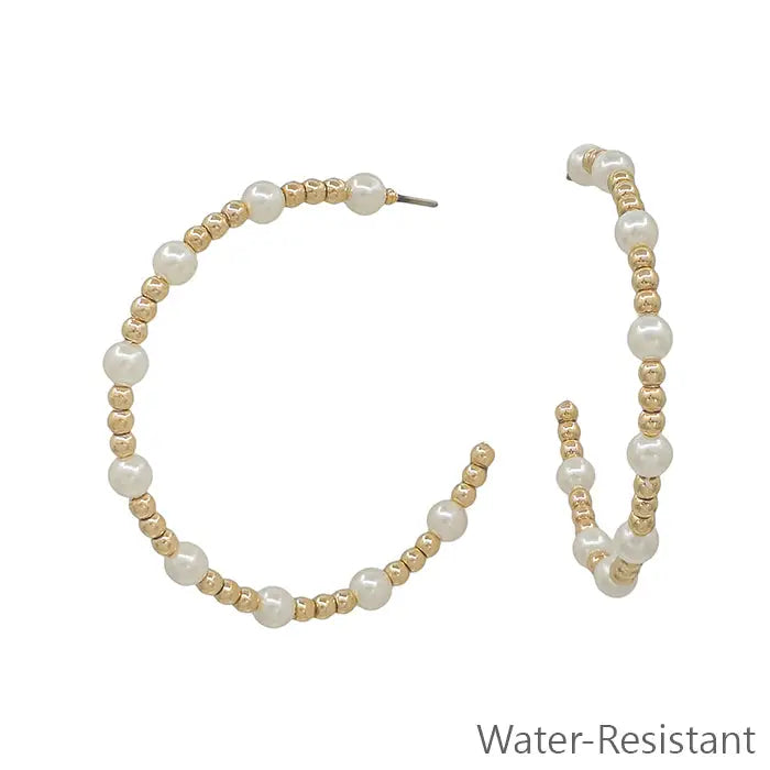 Water Resistant Gold Beaded and Pearl 2" Hoop Earring