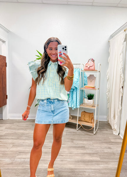 Gingham Pintuck Flutter Sleeve Top