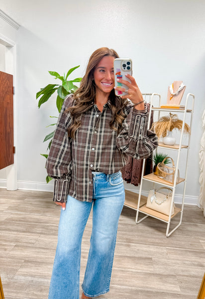 Embroidery Accent Button Down Plaid Top