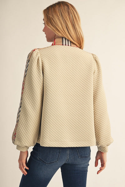 Plaid Contrast Accent Textured Zip Up Top