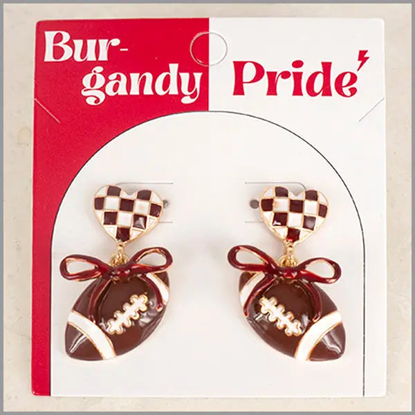 Coated Heart w/ Bow & Football Gameday Stud 1.5" Earring
