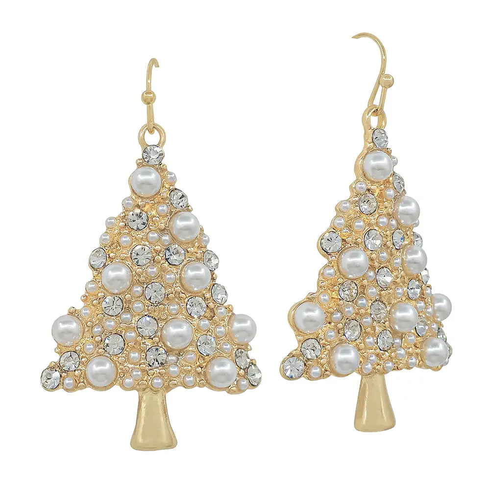 Gold Christmas Tree with Pearls 1.75" Earring