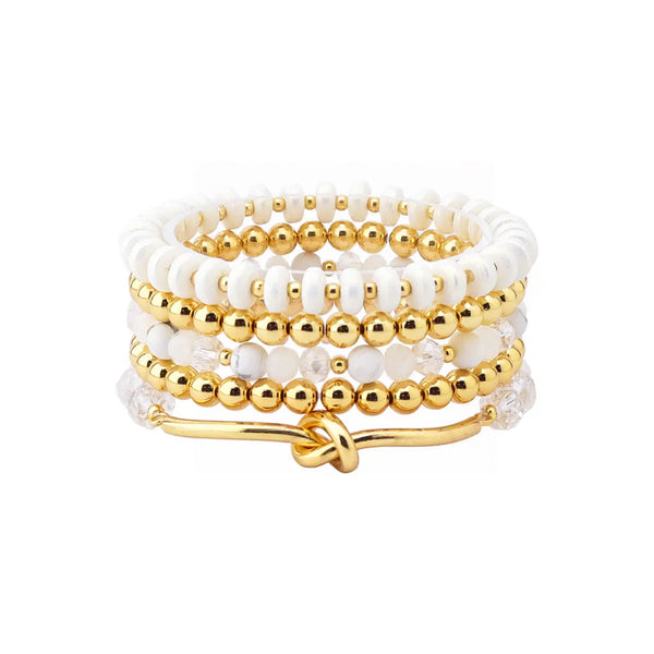 Set of 5 White Natural Stone, White Crystal, & Gold Stretch Bracelets
