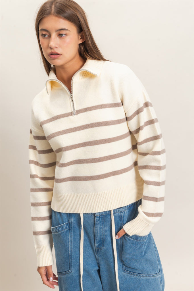 Half-Zip Collared Stripe Sweater