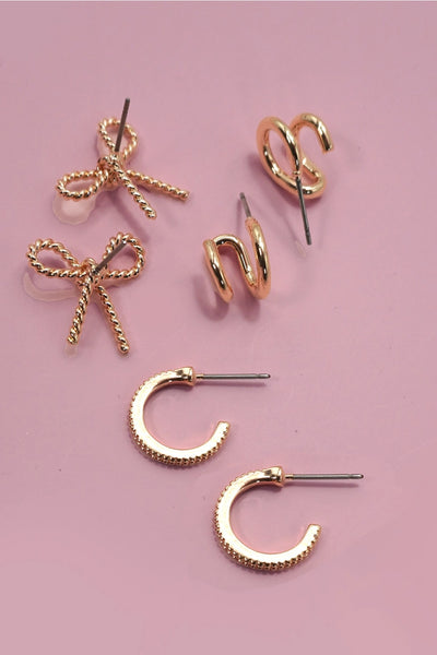 Huggie Bow Hoop Titanium Post Earrings Trio Set