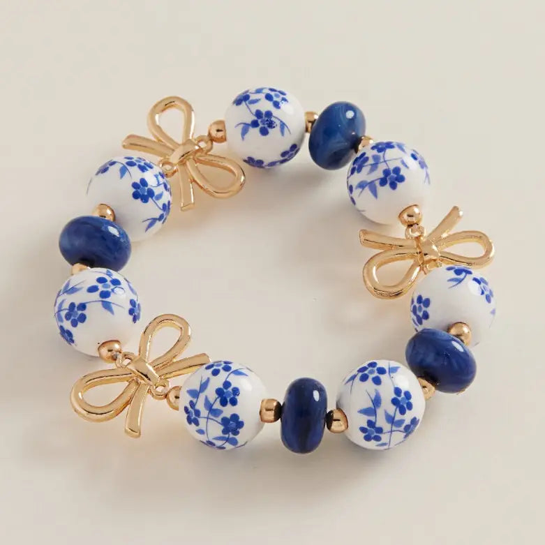 Round Shaped Ceramic Bead Ribbon Stretch Bracelet