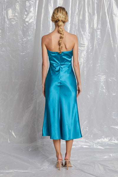 Front Shirring Satin Tube Midi Dress