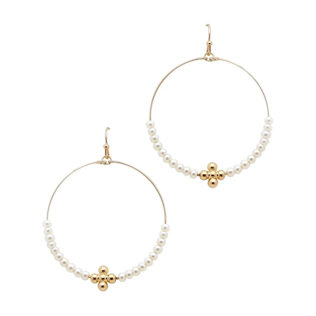 Pearl and Gold Beaded Cross Hoop 2" Earring
