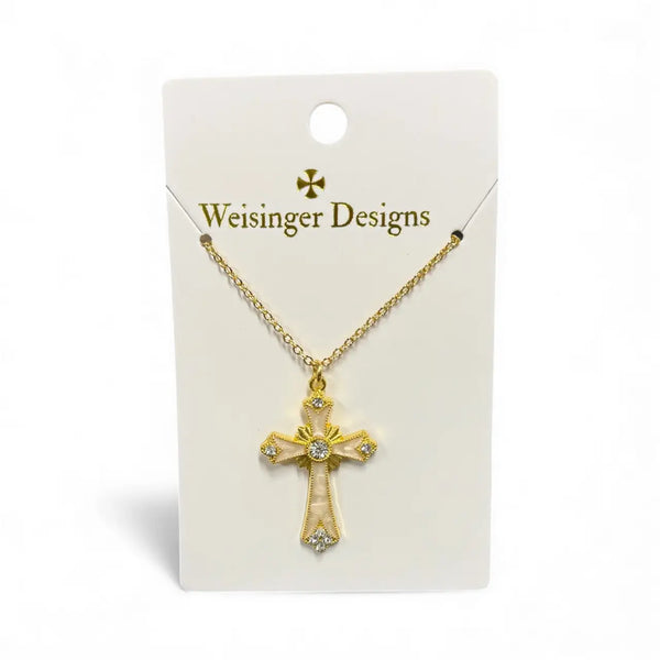 Pearly White CZ Cross Pendant Necklace