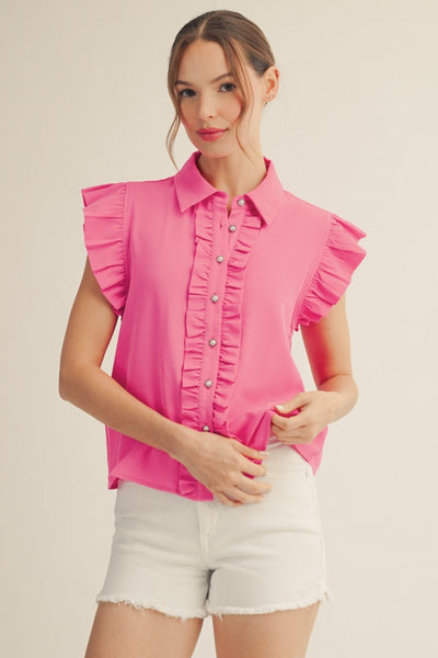 Ruffle Button Down Crinkled Solid Top