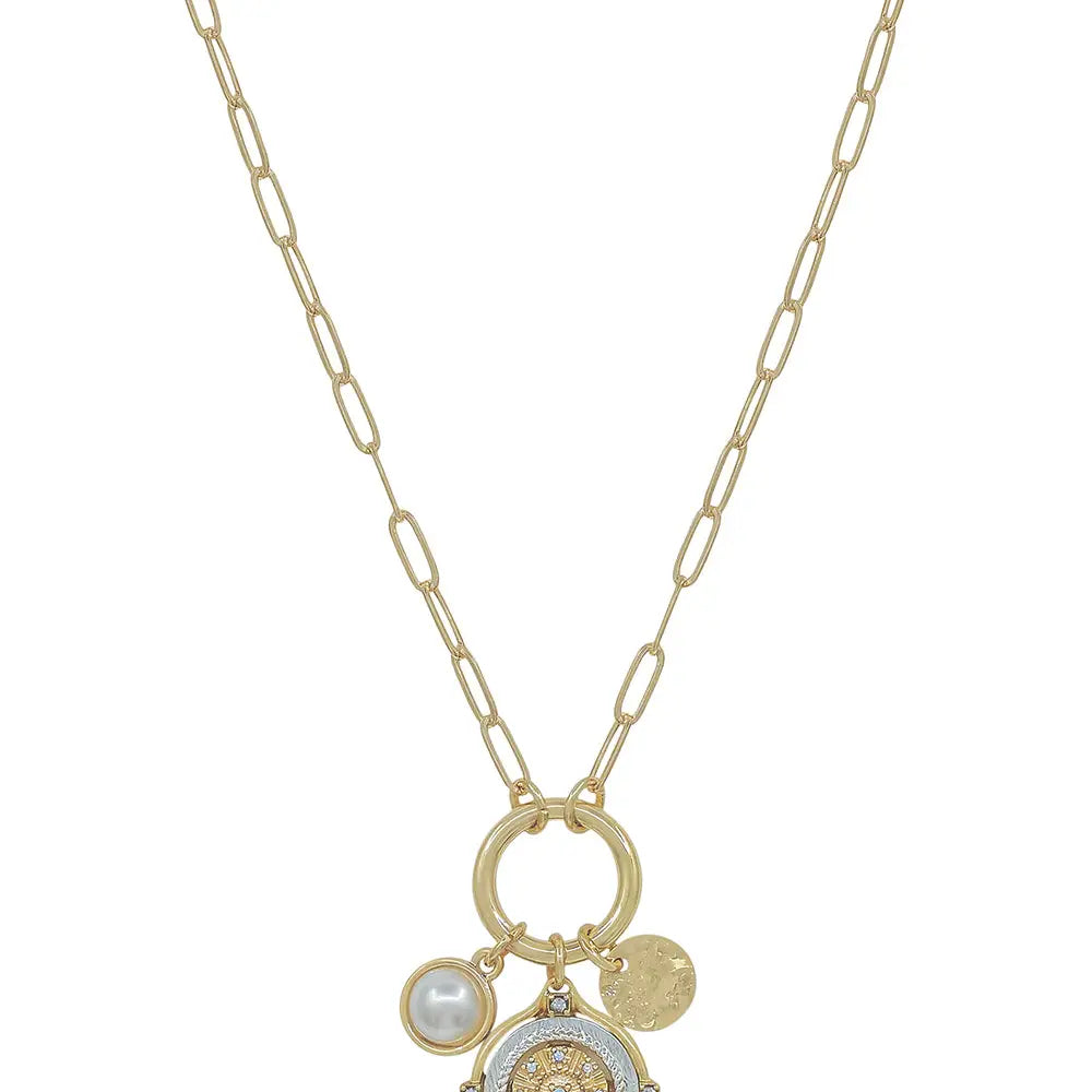 Gold Chain w/ Coin & Pearls Clip Charm 16"-18" Necklace