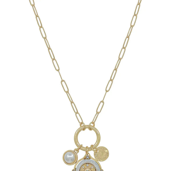 Gold Chain w/ Coin & Pearls Clip Charm 16"-18" Necklace