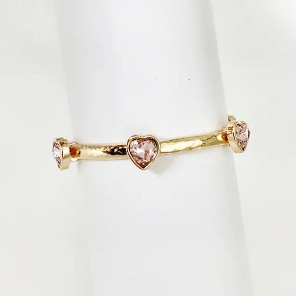 Gold Bracelet w/ Pink Crystal Heart Stretch Bracelet