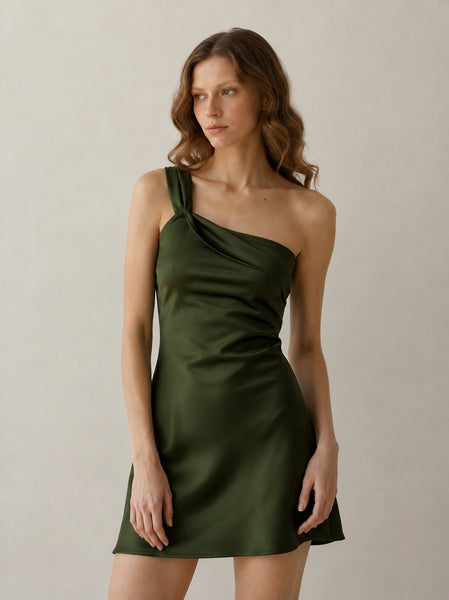 Asymmetrical Shoulder Detail Satin Mini Dress