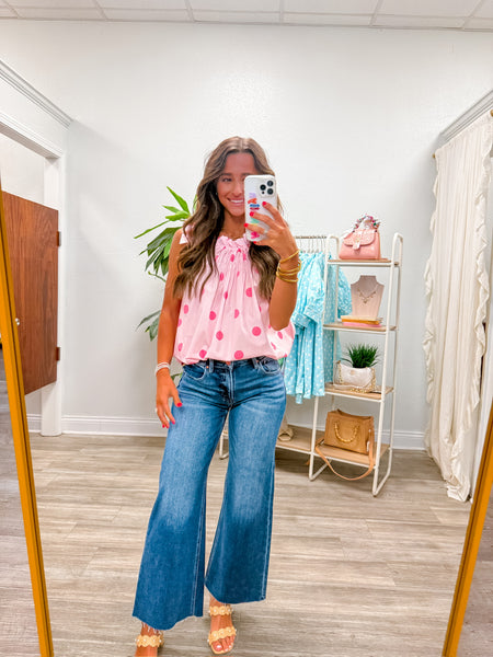 Tie Strap Smocked Polka Dot Top