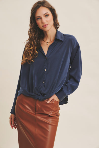 Button Down Knotted Satin Top