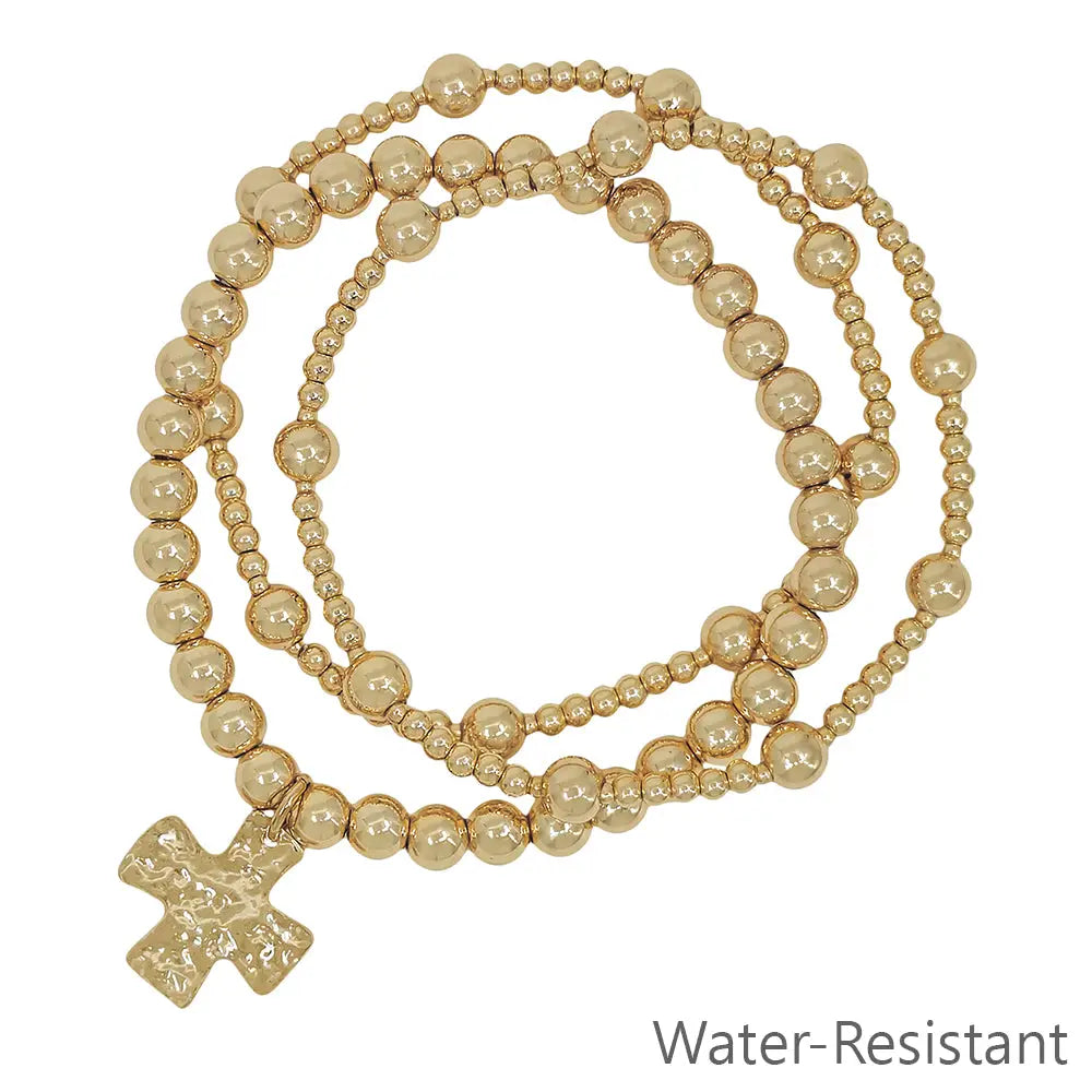 Water Resistant Set of 3 Gold Beaded w/ Hammered Cross Stretch Bracelets