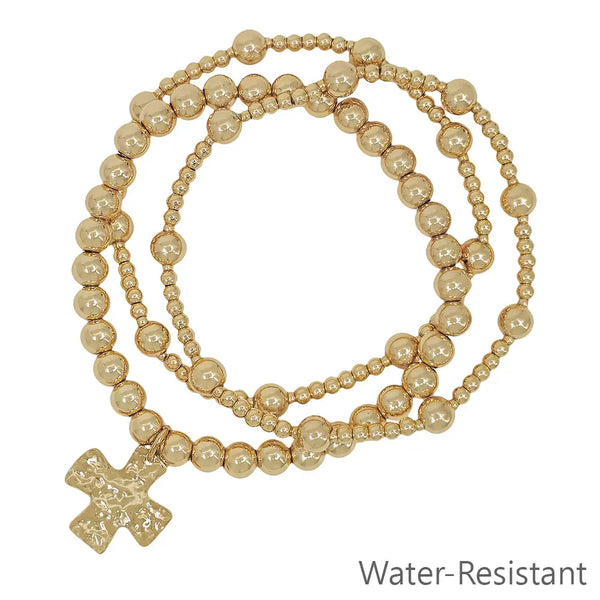 Water Resistant Set of 3 Gold Beaded w/ Hammered Cross Stretch Bracelets