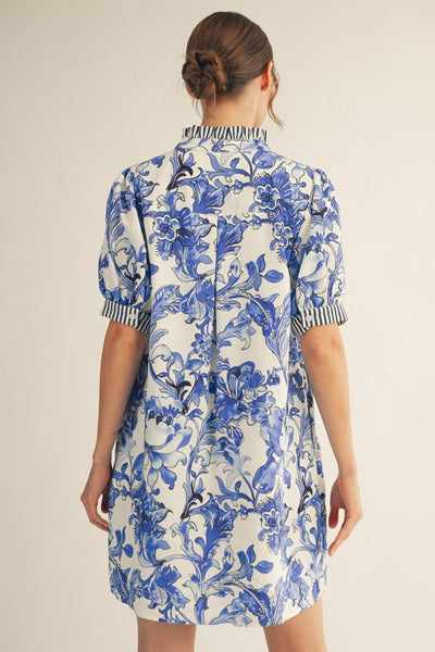 Stripe Contrast Accent Tropical Floral Dress