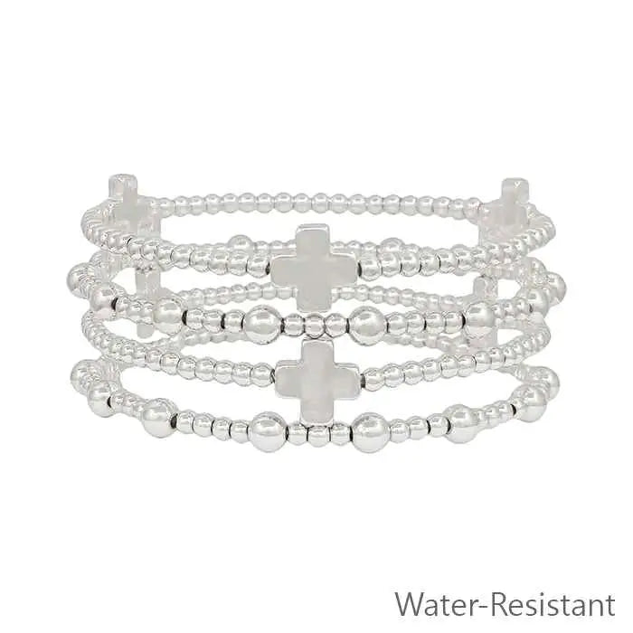 Water Resistant Set of 4 Silver Beaded & Silver Cross Stretch Bracelets