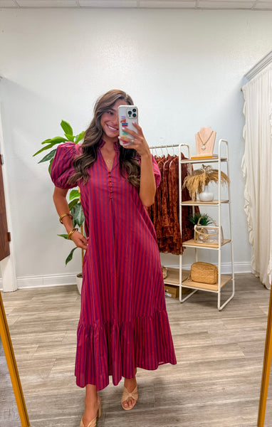 Stripe Short Puff Sleeve Midi Dress