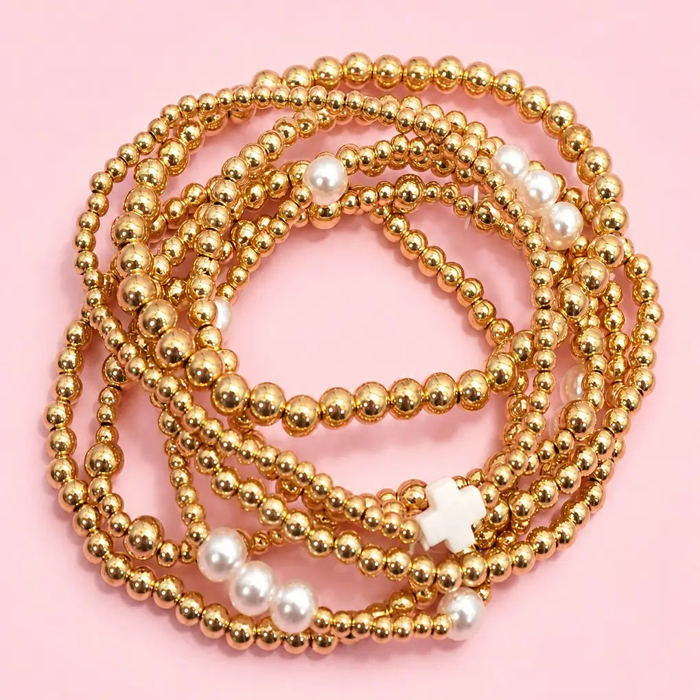 Multi Ball Pearl Bead Cross Stretchable Bracelet