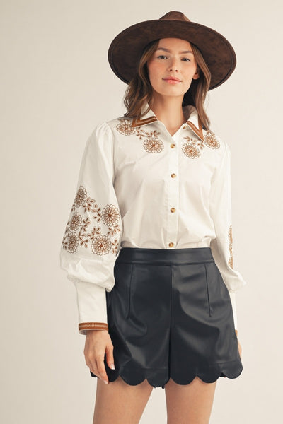 Button Down Embroidered Woven Top
