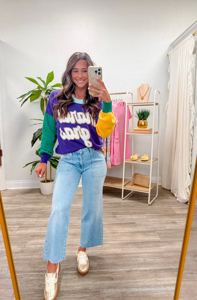 Colorblock Fuzzy Mardi Gras Sweater