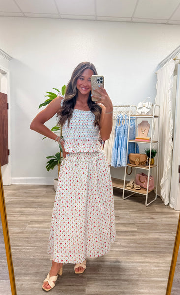 Smocked Bodice Top & Midi Skirt Set