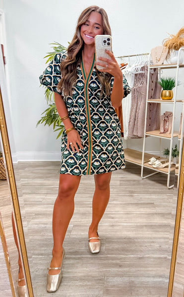 Botanical Print Puff Sleeve Mini Dress