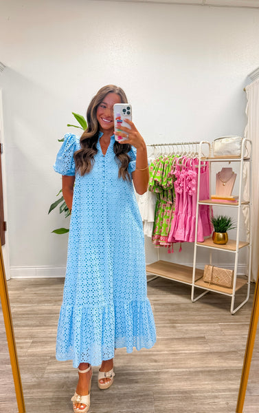 Blue Eyelet Short Puff Sleeve Midi Dress