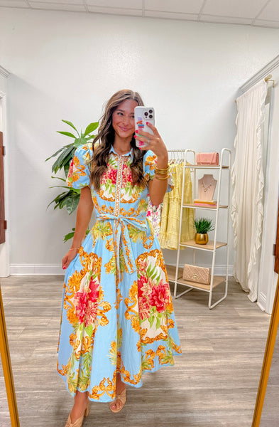 Printed Woven Puff Sleeve Midi Dress
