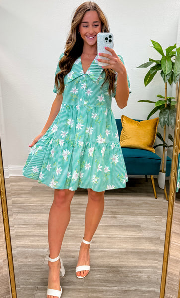 Floral Stripe Print Tiered Mini Dress