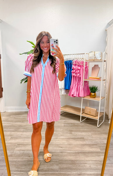 Button Down Stripe Shift Dress